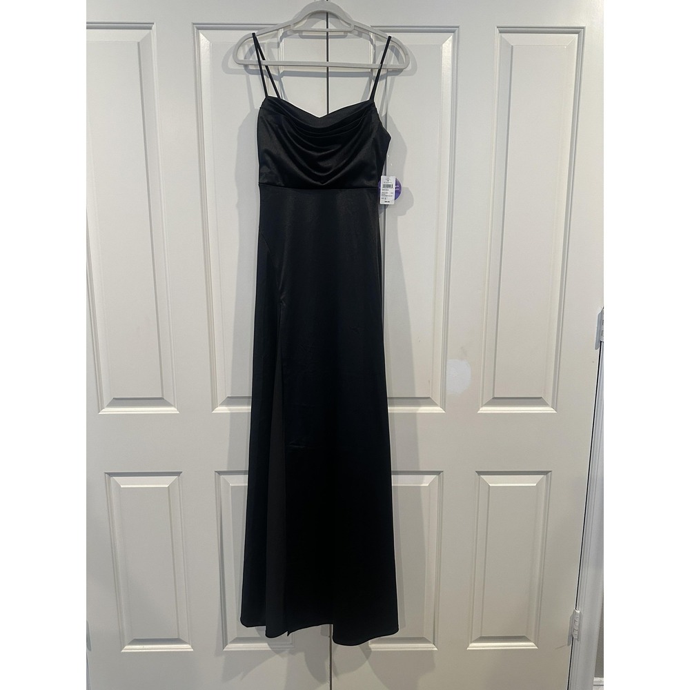 Windsor Dress Womens Large Black Maxi Formal Satin Cowl Neck New Slit